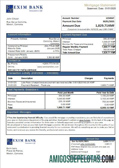 Extrato de hipoteca do Comores Exim Bank Scr modelo